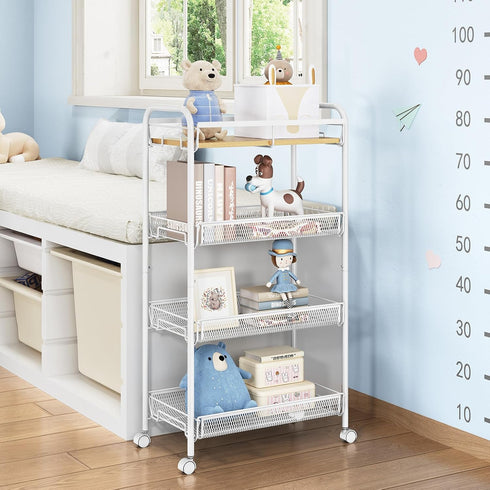 4-Tier TOOLF Rolling Cart, Metal Utility Cart, Slide Out Storage Cart with Wooden Tabletop and Mesh Baskets, Easy