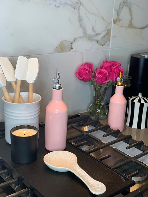 Ceramic Pink Olive Oil Dispenser for Kitchen, Coffee Syrup Dispenser, Oil and Vinegar Cruet, Olive Oil Decanter,