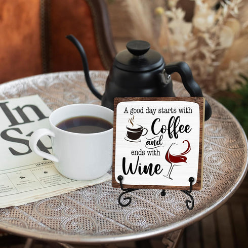 Coworker-01 Coffee And Wine Desk Decor Sign, Rustic Wooden Sign With Stand, A Good Day Starts With Coffee And Ends