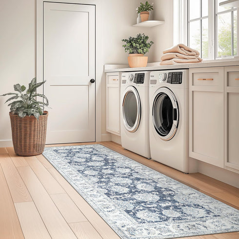 jinchan 2x6 (2x6, Fiora Runner Rug Machine Washable Hallway Rug Dark Blue Vintage Floral Print Non-Slip Low Pile