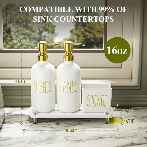 Set Set Cisily Kitchen Soap Dispenser Comes with Ceramics Sponge Holder, Gold Pumps, and Instant Dry Tray, Hand