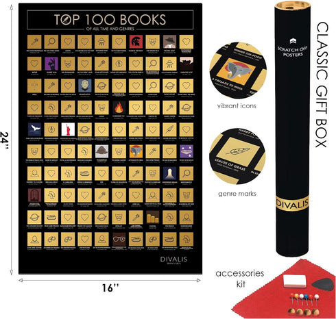 Divalis Scratch Off Poster - 100 Must Read Books of All Times - Reading Bucketlist Chart - Easy to Frame 24x16