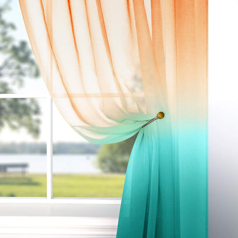 Orange and Green Curtains, 63 Inch Length for Bedroom Decor, 1 Panel Pocket Window Sheer Drape, 52x63 Long