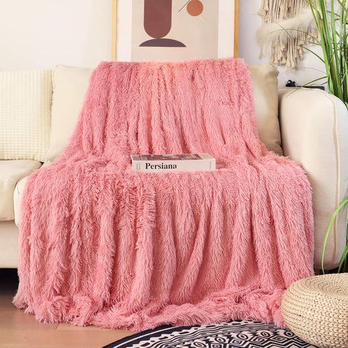 Tuddrom Extra Soft Faux Fur Blanket Queen Size 80" x 90", Solid Reversible Fuzzy Long Hair Shaggy Blanket, Pink