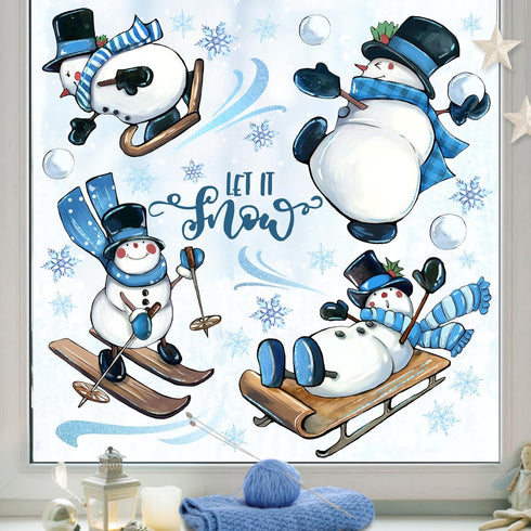 Mfault 139 PCS Winter Snowman Window Clings, 4 Sheets Let It Snow Wall Stickers for Christmas Home Decor