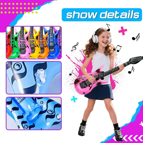 48pcs 80s 90s Inflatable Rock Star Toys, Party Decorations Inflatable Party Props Musical Instrument Blow up Guitar