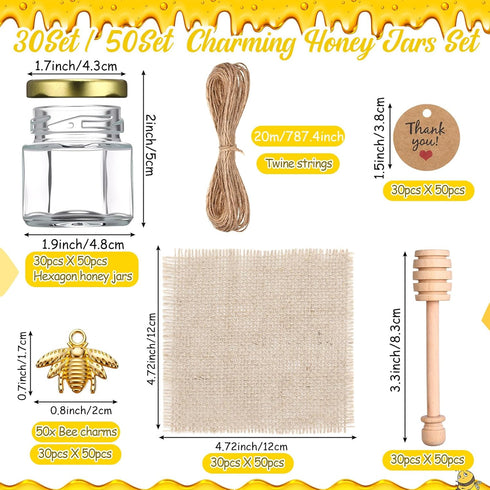 Funnymoom 50 Set 1.5 oz Mini Honey Jars Party Favors in Bulk Hexagon Glass Honey Jar with Dipper Bee Charms Thank You