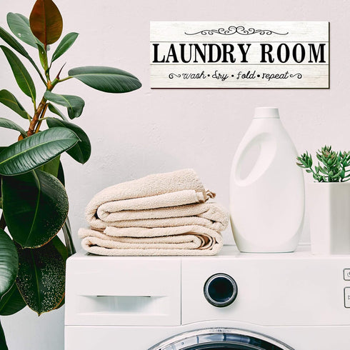 Laundry Room Decor Sign, Wooden Rustic Farmhouse Family Wall Sign, Wash Dry Fold Repeat, 16 x 6 Inches, White