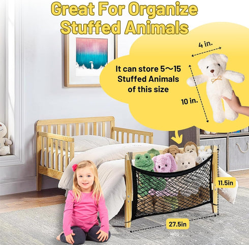 Stuffed Animal Storage Net for Kids, 2 Pack Bedside Toy Organizer Net - Elastic Bedside Storage Net with Tether,