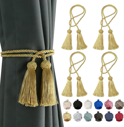 BEL AVENIR 4 Pack Handmade Curtain Tiebacks with Tassel, Decorative Curtain Holdbacks (Gold, 4 Pack)