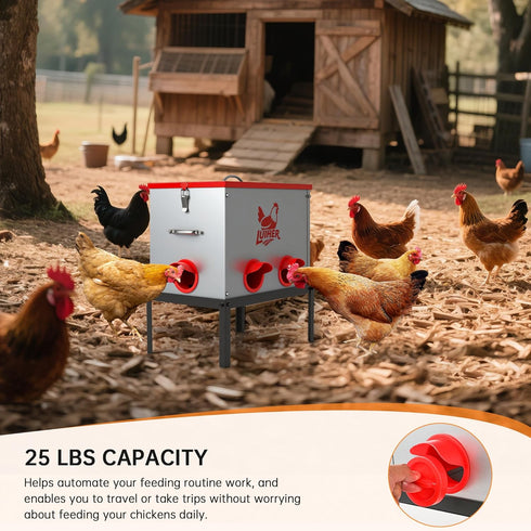LUIHER 25LB 6 chicken food dispenser no waste chincken feeder Ports Large Capacity Galvanized Metal Poultry Feeder
