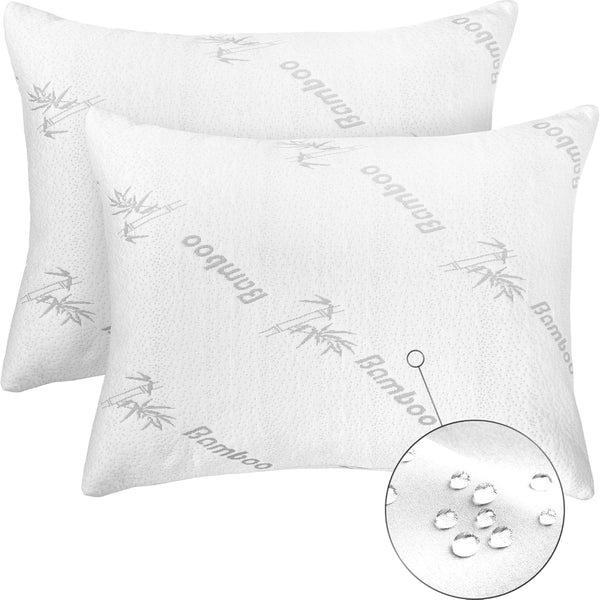 2 Pack Queen Waterproof Pillow Protectors, 20x30 Viscose Made from Bamboo, Zippered Case, Ultra Plush White