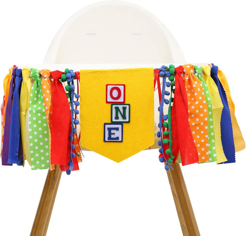 Jissoo Letter Blocks One High Chair Banner - First Birthday Decorations, Nursery Rhyme