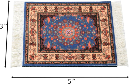 Set of 4 Rug Table Coasters - Oriental Design Fabric Carpet Drink Mats, Absorbent, Rectangular, Red Black Blue