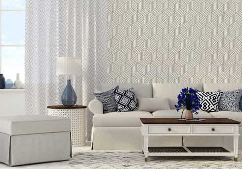 Gold and Beige Hexagon Geometry Stripped Adhesive Contact Paper, Removable Shelf Liner, 17.7 inch x 9.8 Feet