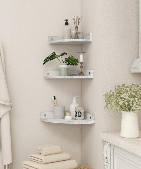 9.68x9.68 Inch Corner Shelves Wall Mount, Rustic Natural Wood Corner Floating Shelf, Distressed White Storage Organizer