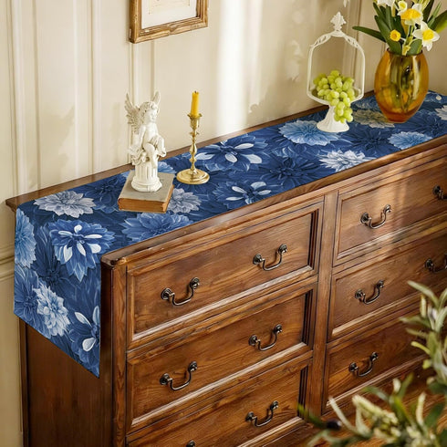 Summer 13x108 Inch Navy Blue Dahlia Flower Spring Table Runner Blue Gray Burlap Table Runners, Floral Seasonal Coffee