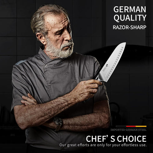 MAD SHARK Premium Santoku Knife - 8 Inch Professional Kitchen Knife, German Stainless Steel, Black