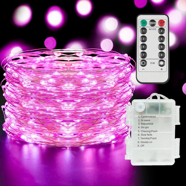suddus Pink Fairy Lights Battery Operated Outdoor Waterproof, 33ft 100 Led String