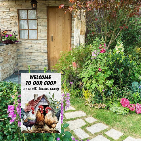 Welcome To Our Coop Chicken Garden Flag, 12x18 Inch Double Sided Rustic Rooster Yard Flag
