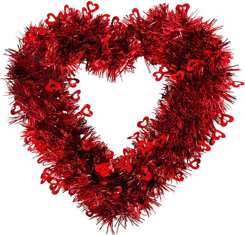 Ochine Tinsel Heart Wreaths Garland, Red Heart Shaped Wreaths Decor for Valentines' Day Wedding Party Decorations