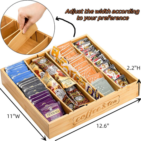 2 Pack Lyellfe K Cup Holder for Drawers, Bamboo Tea Bag Organizer with Adjustable Dividers, Silverware Utensil Flatware
