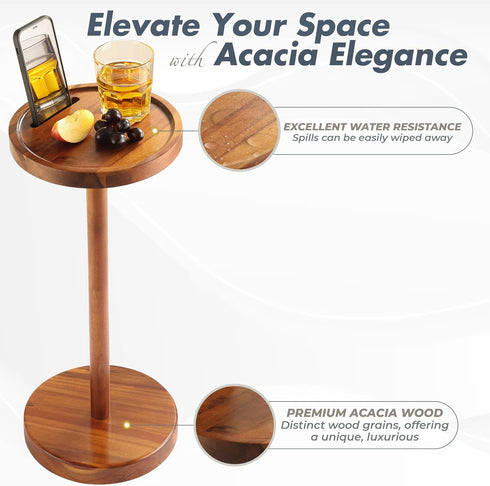 Pedestal Side Table, Acacia Drink Table with Weighted Base, Small Round Side Table for Small Spaces with Phone Holder