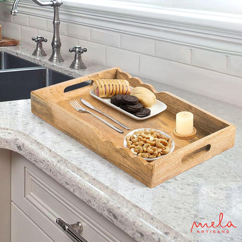 15x10x1.75 inch Mela Artisans Wooden Serving Tray with Handles | | Mango Wood Decorative Tray| Ottoman Tray | Snacks |