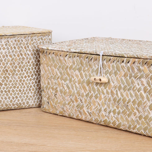 FEIALNDUO Wicker Shelf Baskets with Lid - Seagrass Storage Bins Rectangular Handwoven Basket Boxes for Home Organizer