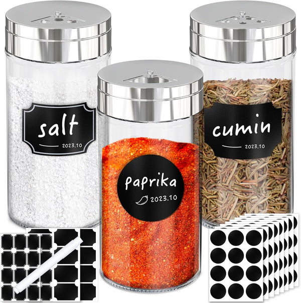 Segarty Spice Jar Set with Labels - 3 Pack 6oz Glass Jars with Shaker Lids, 136 Labels Stickers and 1 Chalk Marker