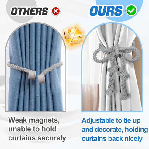 4 Pcs Hand Woven Curtain Tiebacks, No Drilling Boho Rope Holdbacks for Light Color Curtains, Grey