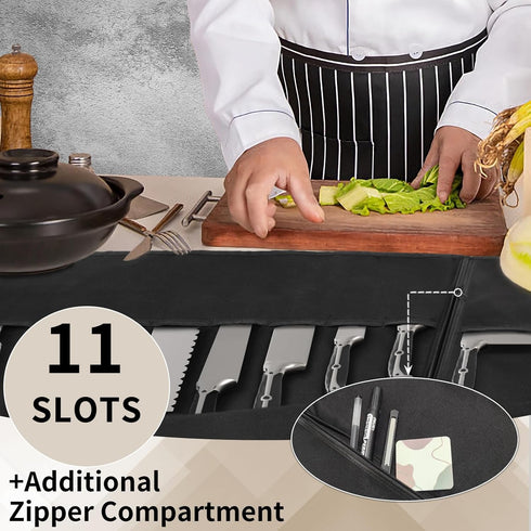 Upgraded Waterproof Chef Knife Roll Bag, Portable Waxed Canvas Case Holds Up to 18'', 11 Slots for Knives & Tools