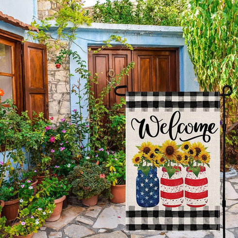Welcome Summer Sunflowers Garden Flag 12.5 x 18 Inch, Patriotic Buffalo Plaid Double Sided Seasonal Decor