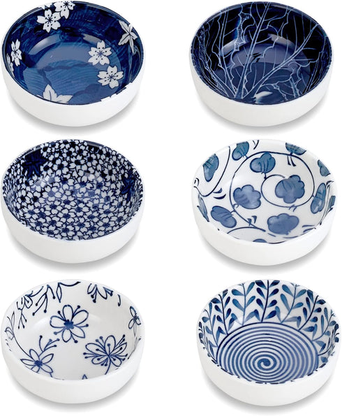 Ceramic Dipping Bowls Set of 6, 3 Inch Pinch Bowls for Sushi, Snack, Soy, BBQ, 2.5 Oz Blue and White