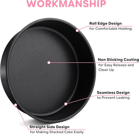 Herogo 8 Inch Round Cake Pan Set of 3, Black Nonstick Stainless Steel Baking Pan for Birthday Wedding Layer Cakes