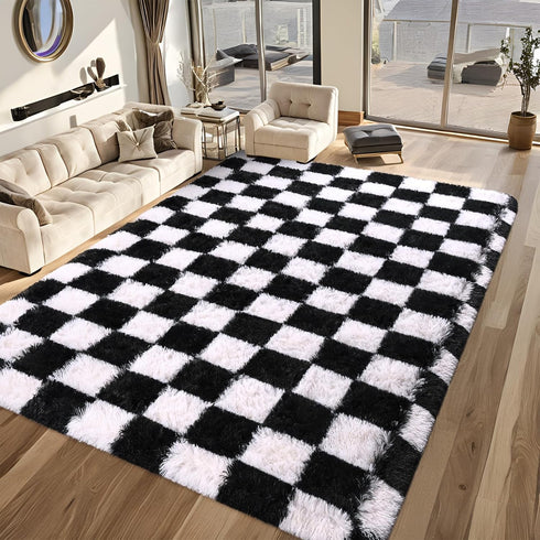 5x7 Rugs for Living Room Bedroom, ft Black and White Checkered Area Rug, Fluffy Soft Washable Carpet, Modern Non-Slip