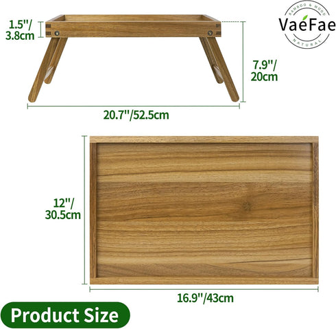 VaeFae Acacia Bed Table Tray, Wooden Breakfast Tray with Folding Legs, Bed Tray for Eating and Laptop, Eating Trays