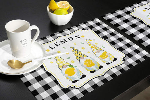 Victories Placemats for Dining Table - Summer Rural Lemon Gnomes Black White Buffalo Plaid, Set of 6