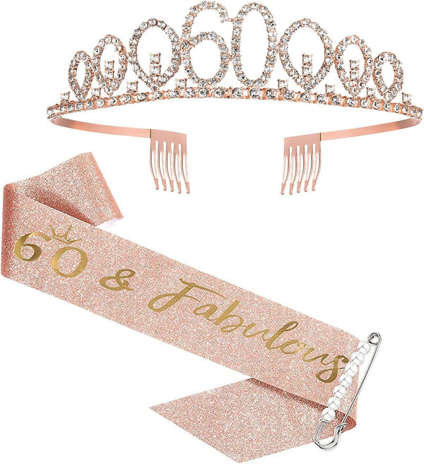 Rose Gold Birthday Sash Crown, 60 & Fabulous Sash and Tiara for Women, 60th Birthday Party Favor Supplies
