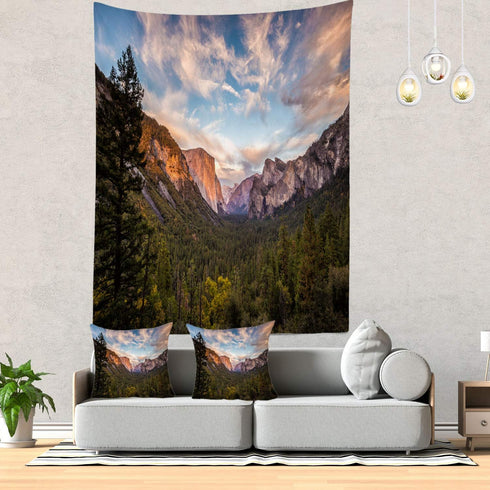 Batmerry Yosemite Tapestry, Green Valley Mountain Landscape Blue Nature Beautiful Forest Picnic Mat Hippie Trippy Tapestry Wall Art Decor for Bedroom Living Room, 82.7 x 59.1 Inches, Green Blue