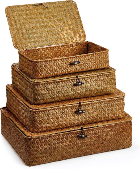 Set of 4 Seagrass Baskets with Lid - Decorative Storage Boxes with Lids for Shelf, Closet, Bedroom (Brown)
