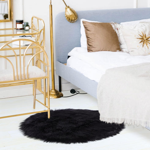 uxcell Faux Fur Round Rug - Fluffy Area Mat for Bedroom Floor Sofa Living Room 2 x 2 Feet Black