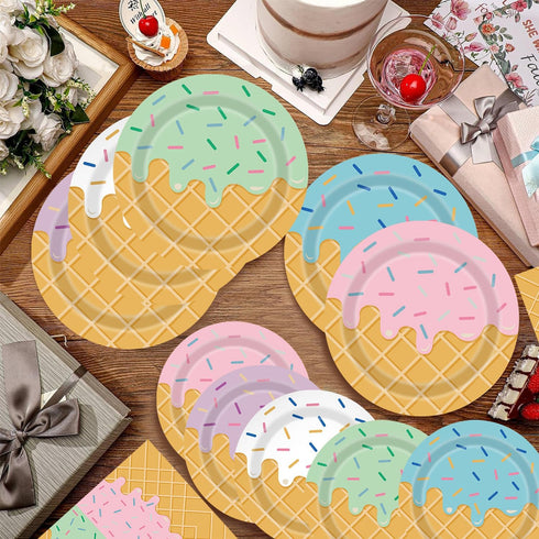 UROINEPA 100Pcs Ice Cream Party Decorations Ice Cream Plates and Napkins for Kids Girls Baby Shower Ice Cream Birthday