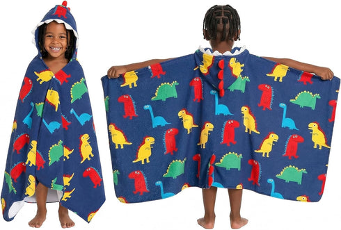 OLAOLA Colorful Dinosaur Hooded Towel for Kids 3-12 Years, 28" x 53"