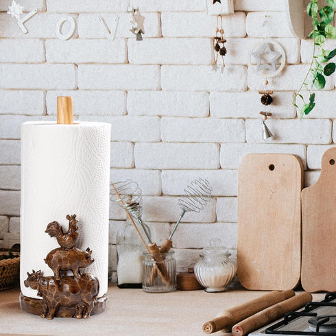 Polytree Countertop Farm Animals (Cow, Pig and Rooster) Paper Towel Holder Stand with Decoration, Hand-Carved Wood