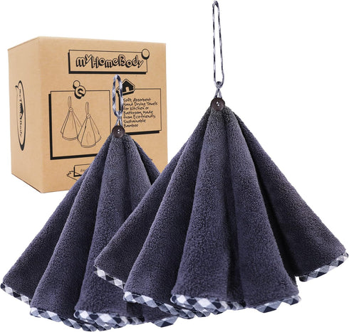 myHomeBody Hand Towels with Hanging Loops - Absorbent Charcoal Fiber Cleaning Cloths with Coconut Shell Button, Set of