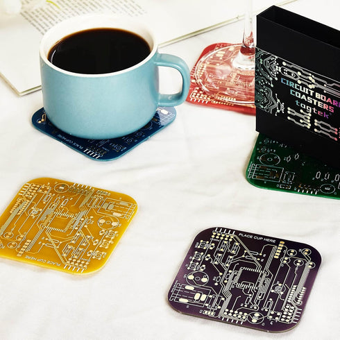 Immersion (2 Purple/Pack) PCB-Design Purple Coasters - Gold Circuit Board Coasters for Coffee Table, Gamer, Bar, Office