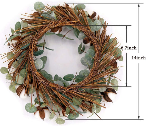 Idyllic Eucalyptus and Cotton Wreath, 14 Inches Artificial Decor for Farmhouse, Garden, Wedding, Natural Twig Base