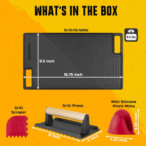 Cast Iron Reversible Grill/Griddle Set: Pre-Seasoned Non-Stick with Press, Scraper & Mitts for Indoor Outdoor Cooking