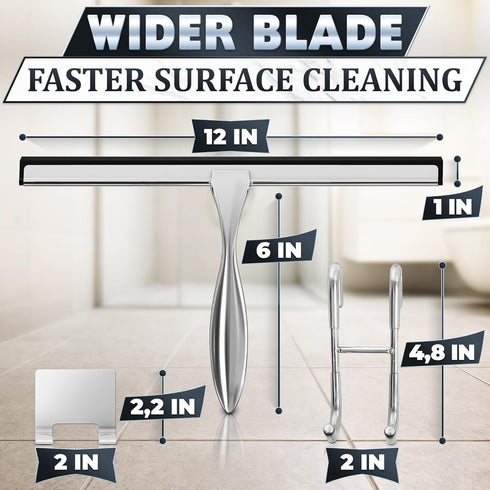 12" Shower Door Squeegee with Adhesive & Hanging Hooks, Silicone Blade - Stainless Steel All-Purpose Squeegee